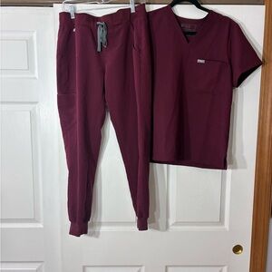 Figs Burgandy  Scrub Set with Top and Jogger Pants